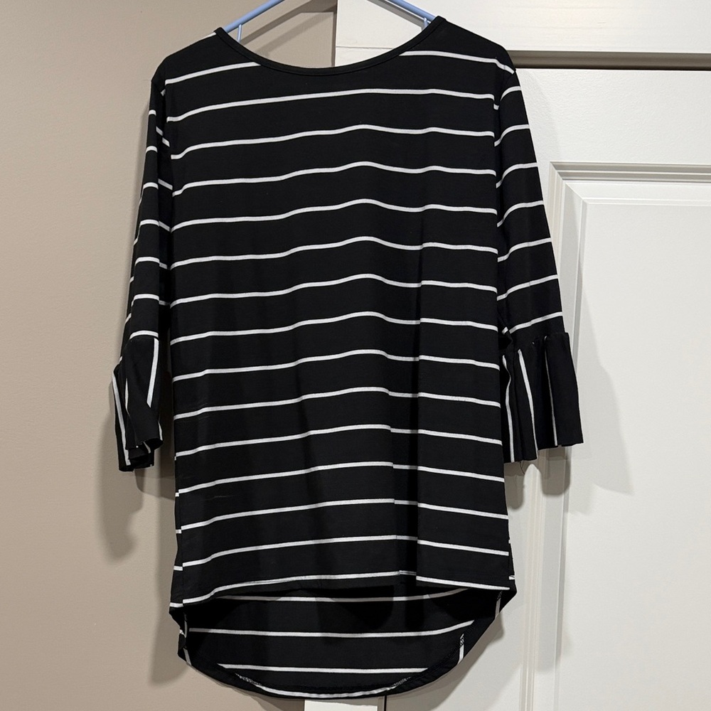 Tickled Teal Black and White Striped Long Sleeve Top